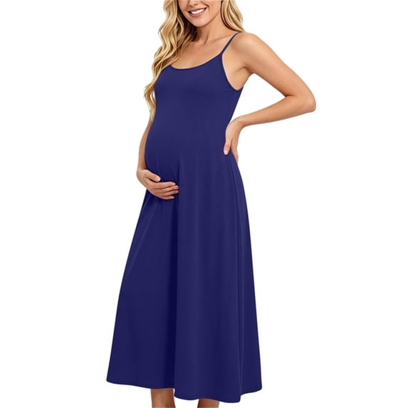 Efsteb Dresses for Pregnant Women Maternity Cami Maxi Dress Spaghetti Strap Flowy Sleeveless Pregnancy Dress for Casual , Loungewear ,Navy,XXXL