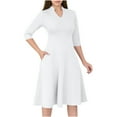 thumbnail image 1 of Efsteb Dresses for Women 2025 Elegant 3/4 Sleeve Notch V Neck Pleated A-Line Fit Flare Dress with Pockets for Work (White,XL), 1 of 6