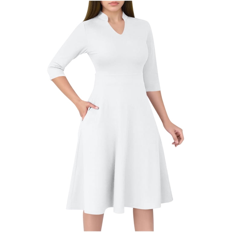 slim fit dress slacks Women's Plus Size Solid Fit and Flare Dress – White Mark