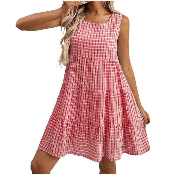 Efsteb Dresses for Women Elegant Dress Solid Color Sleeveless Loose Spring Crew Neck Fashion Flowy Plaid Dress ,Size:M