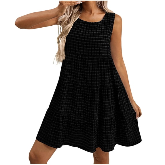 Efsteb Dresses for Women Loose Elegant Dress Spring Crew Neck Solid Color Fashion Sleeveless Flowy Plaid Dress ,Size:M
