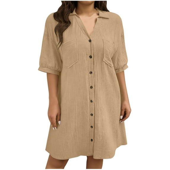 Efsteb Dresses for Women Loose Fit Resort Dress Short Sleeve Spring V-Neck Casual Turndow Collar Plus Size Button Dress Solid Color ,Size:XL