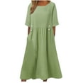 thumbnail image 1 of Efsteb Dresses for Women Ruched Cotton Linen Dress Resort Dress Short Sleeve Solid Color Spring Crew Neck Loose Fit Casual ,Size:10, 1 of 6
