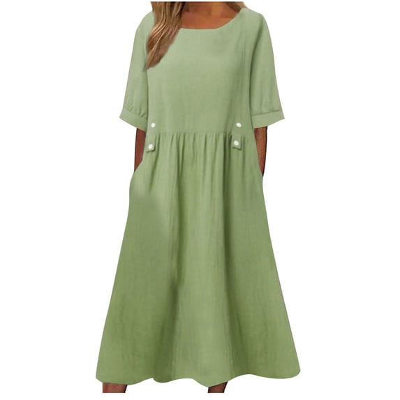 Efsteb Dresses for Women Ruched Cotton Linen Dress Resort Dress Short Sleeve Solid Color Spring Crew Neck Loose Fit Casual ,Size:10
