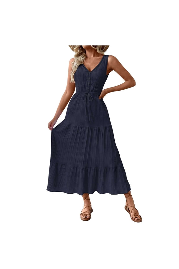 Dresses for Women Spring Tiered Hem Dress Bohemian Drawstring Waist Beach Vacation Dress Long Sundress Summer (Navy,M)