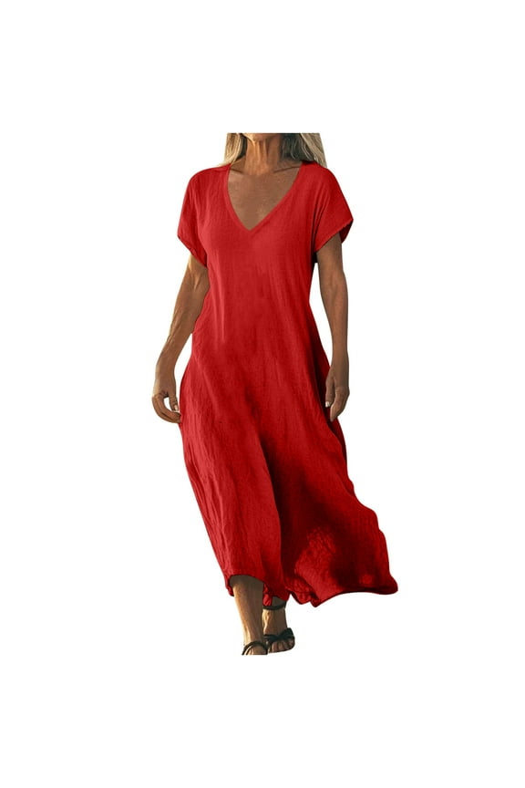 Dresses for Women Trendy Loose V Neck Long Maxi Dress Casual Solid Color Summer Sundresses Boho Beach Wear (Red,XXXXL)