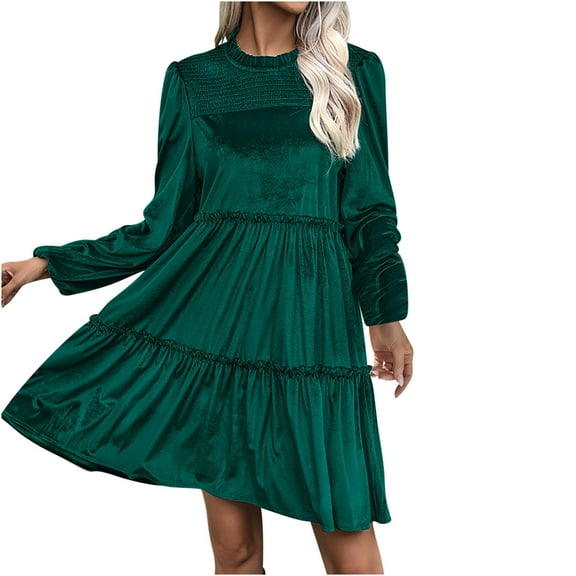 Efsteb Elegant Cocktail Dresses for Women Crew Neck Long Sleeve Velvet Dress Ruched Casual A Line Knee Length Pleated Fall Cocktail Dress (Green,L)