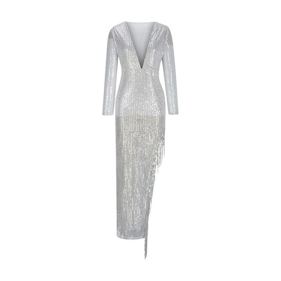Efsteb Elegant Cocktail Dresses for Women Long Sleeve V Neck Sequined Tassel Side Slit Bodycon Dresses (Silver,L)