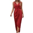 thumbnail image 1 of Efsteb Elegant Cocktail Dresses for Women Sleeveless V-Neck Solid Color Fashion Business Office Slim Dress Pleated Formal Midi Dress Dresses (Red,M), 1 of 6