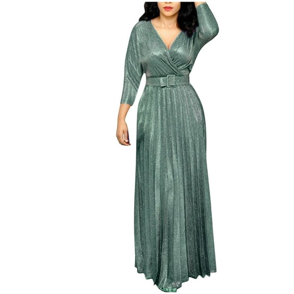 Efsteb Elegant Cocktail Dresses for Women V Neck Pleated Long Sleeve Casual Long Dress Prom Wedding Swing Long Dresses (Green,XL)