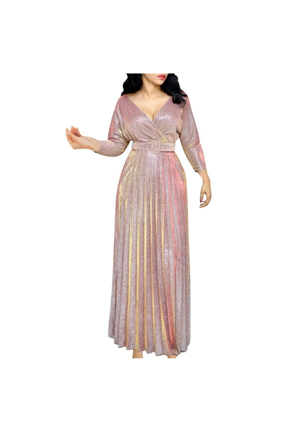Elegant Cocktail Dresses for Women V Neck Pleated Long Sleeve Casual Long Dress Prom Wedding Swing Long Dresses (Pink,XXL)