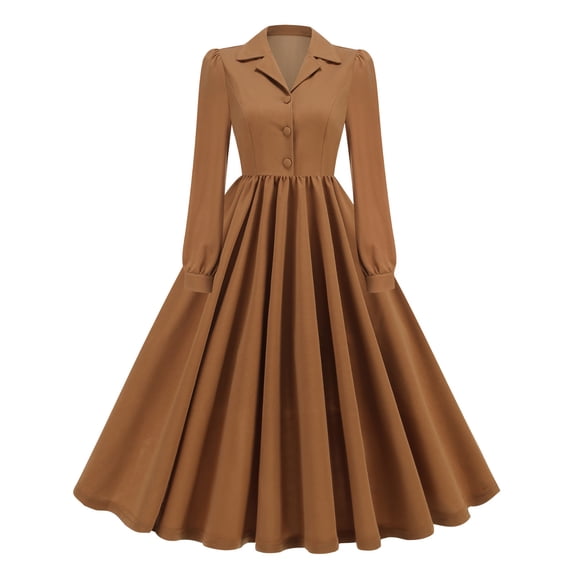 Efsteb Elegant Cocktail Dresses for Women Vintage Lapel Collar Button Pleated Dress Long Sleeve Solid Maxi Dress (Khaki,M)