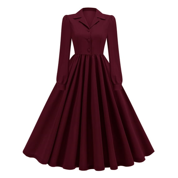 Efsteb Elegant Cocktail Dresses for Women Vintage Lapel Collar Button Pleated Dress Long Sleeve Solid Maxi Dress (Wine,S)