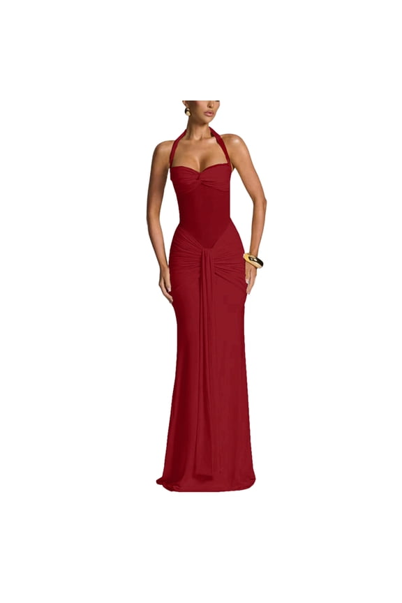 Elegant Dresses For Women Wedding Guest Halter Neck Mesh Insert Ruched Mermaids Maxi Dress Form-Fitting Evening Party Gown (Red,S)