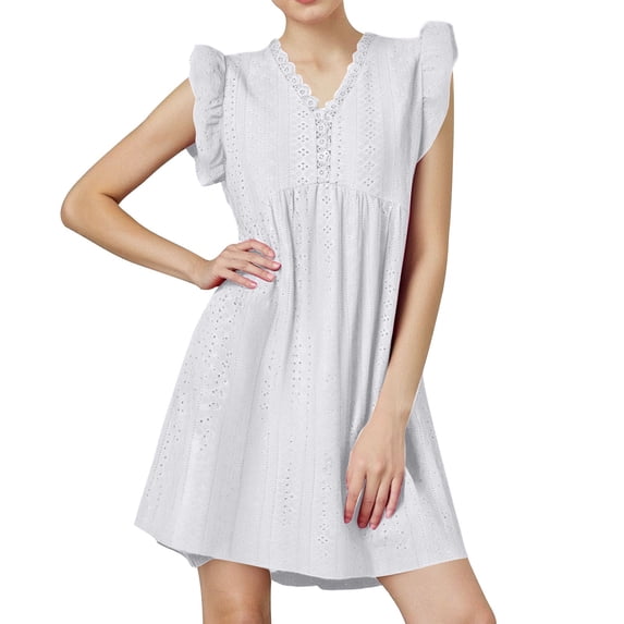 Efsteb Elegant Dresses for Women Fashion Elegant Dress Spring V-Neck Sleeveless Solid Color Loose Crochet Lace Trim Ruched Eyelet Dress ,Size:M