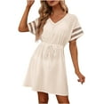 thumbnail image 1 of Efsteb Elegant Dresses for Women Fashion Short Sleeve Waist Drawstring Short Dress Elegant Dress Loose Spring V-Neck Solid Color ,Size:14, 1 of 7