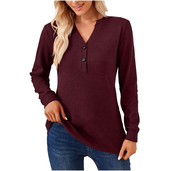 Efsteb Fall Blouses for Women V-Neck Pure Color Casual Button Comfortable Breathable Lightweight Fashion Long Sleeve Tops Loose Blouses Tops Wine L