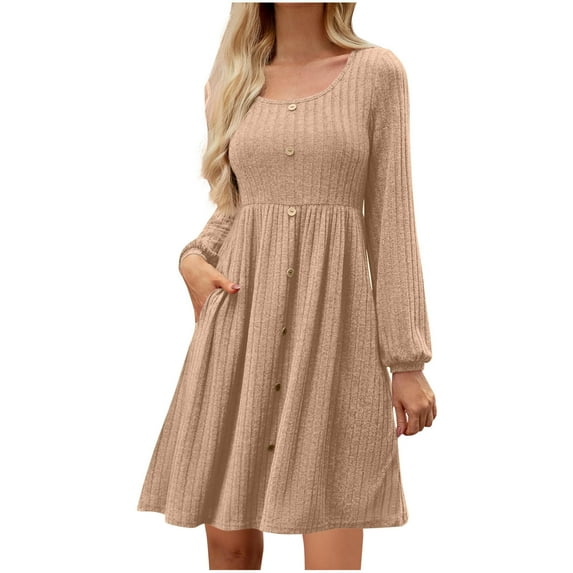 Efsteb Fall Dresses For Women Crew Neck Midi Sweater Dress Button Pleated Waist Sweaters Dresses Casual Comfy Dress with Pockets (Khaki,XXL)