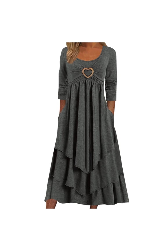 Fall Dresses for Women Solid Color Fashion 3/4 Sleeve Dress Crewneck Three Quarter Sleeve Backless Lace Patchwork Evening Long Dress Loose Casual Dresses Dark Gray L