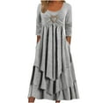 thumbnail image 1 of Efsteb Fall Dresses for Women Solid Color Fashion 3/4 Sleeve Dress Crewneck Three Quarter Sleeve Backless Lace Patchwork Evening Long Dress Loose Casual Dresses Gray M, 1 of 5