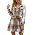 thumbnail image 1 of Efsteb Fall Dresses for Women 2025 Belted Plaid Button Dress Casual Long Sleeve Short A Line Dress (Khaki,M), 1 of 5
