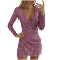 thumbnail image 1 of Efsteb Fall Dresses for Women 2025 Formal V Neck Sequin dress Long Sleeve Bodycon Dresses Club Dress Clothes (Hot Pink,L), 1 of 6