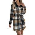 thumbnail image 1 of Efsteb Fall Dresses for Women 2025 Plaid Flannel Button Dresses Dressy Work Casual Business Long Sleeve Dress with Belt (Khaki,L), 1 of 8