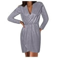 thumbnail image 1 of Efsteb Fall Dresses for Women Fashion Long Sleeve Dress Temperament Slim Ruched Dress V-Neck Solid Color Casual Gray XXXL, 1 of 4