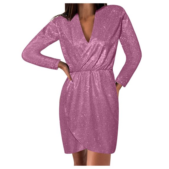 Efsteb Fall Dresses for Women Fashion Long Sleeve Dress Temperament Slim Ruched Dress V-Neck Solid Color Casual Pink XL