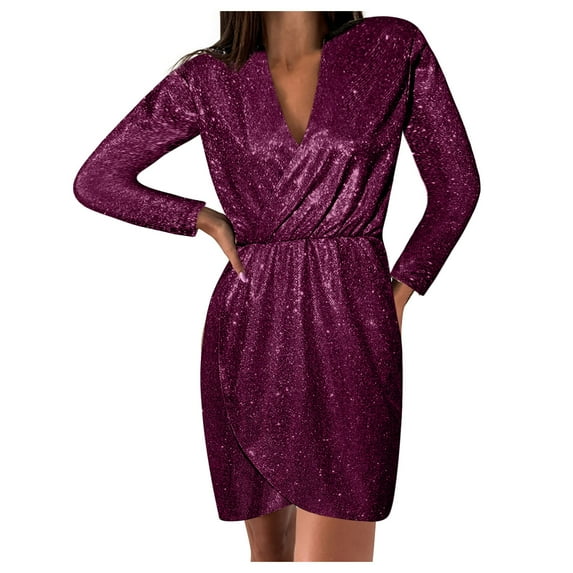 Efsteb Fall Dresses for Women Fashion Long Sleeve Dress Temperament Slim Ruched Dress V-Neck Solid Color Casual Purple L