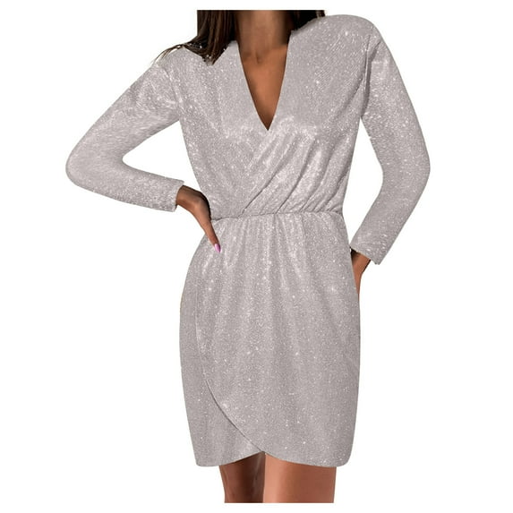 Efsteb Fall Dresses for Women Fashion Long Sleeve Dress Temperament Slim Ruched Dress V-Neck Solid Color Casual Silver S