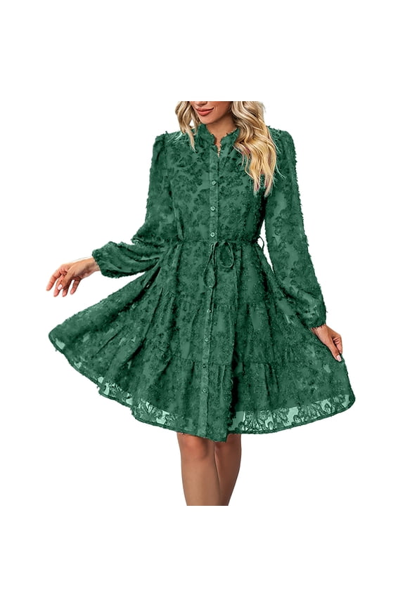 Fall Dresses for Women Lace Long Sleeve Dress Spring Dresses for Women Casual Button Up Waist with Belt A-Line Mini Dress (Green,L)