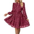 thumbnail image 1 of Efsteb Fall Dresses for Women Lace Long Sleeve Dress Spring Dresses for Women Casual Button Up Waist with Belt A-Line Mini Dress (Wine,L), 1 of 4