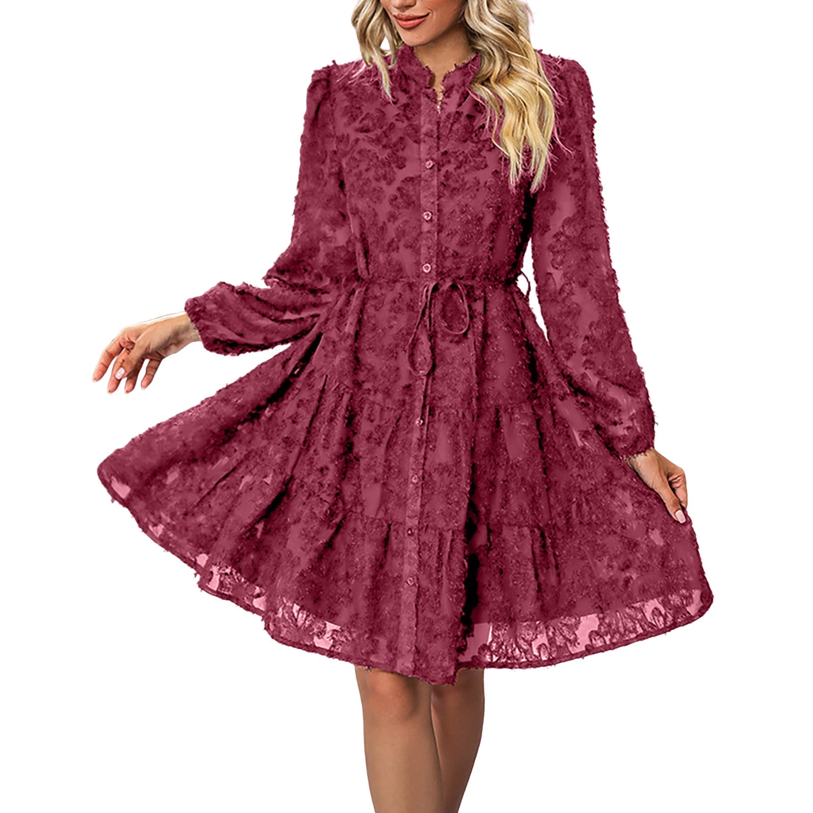 Womens Long Sleeve Lace Dress Button Down Tiered A Line Dress Tie Waist Mini Shirts Dress Fall Casual Dress, Black - XL
