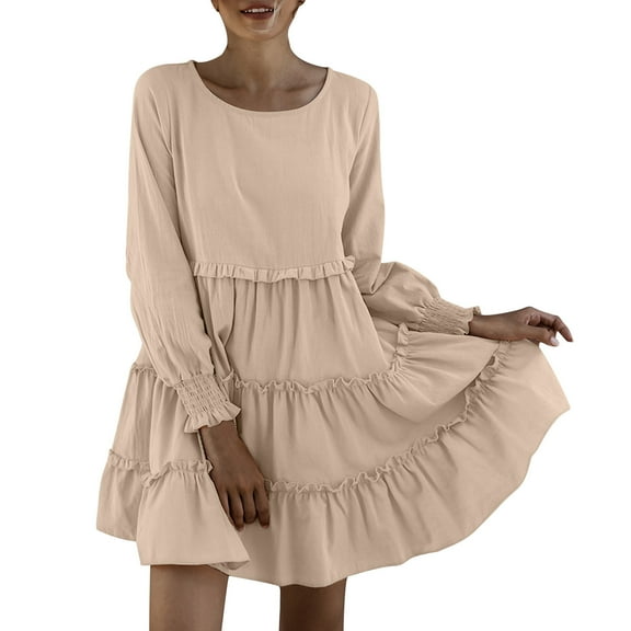Efsteb Fall Dresses for Women Long Sleeve Crew Neck Casual Dress Loose Ruffle Tiered Mini Dresses (Beige,XL)