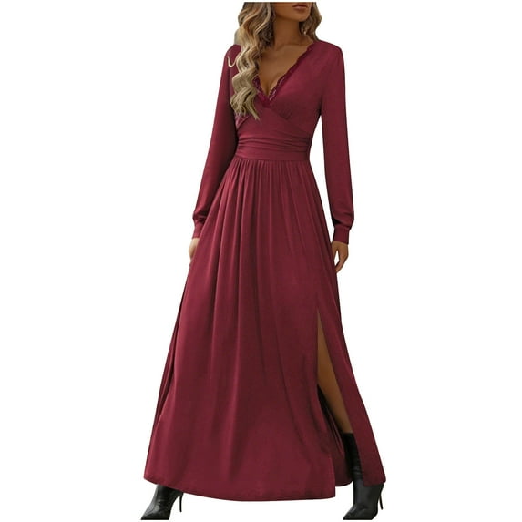 Efsteb Fall Dresses for Women Long Sleeve Lace V Neck Flowy Maxi Dress Waist Casual Long Dress with Slit (Wine,L)