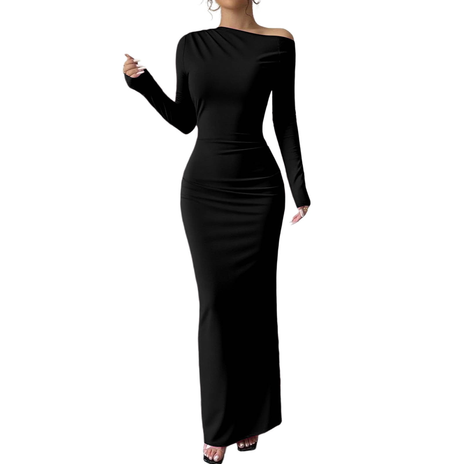 Efsteb Fall Dresses for Women Long Sleeve One Shoulder Trendy Long Tight Dresses Wedding Guest Cocktail Party Elegant Maxi Dress (Black,M), Women's