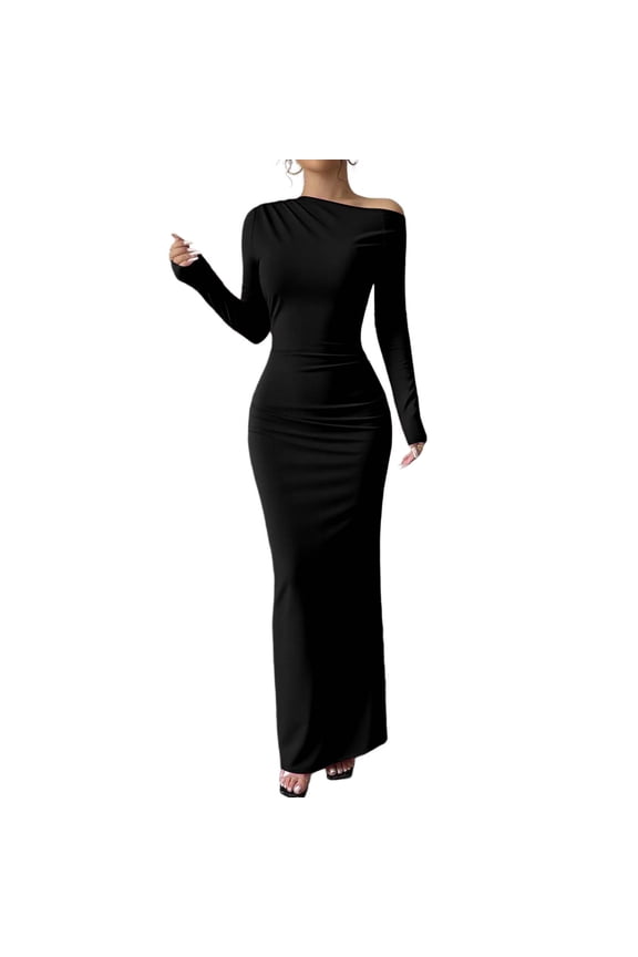 Fall Dresses for Women Long Sleeve One Shoulder Trendy Long Tight Dresses Wedding Guest Cocktail Party Elegant Maxi Dress (Black,S)