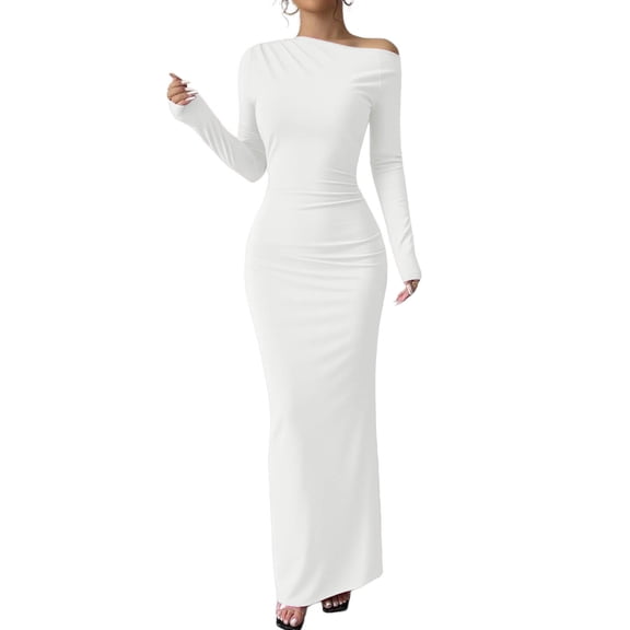 Efsteb Fall Dresses for Women Long Sleeve One Shoulder Trendy Long Tight Dresses Wedding Guest Cocktail Party Elegant Maxi Dress (White,S)