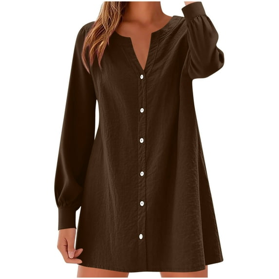 Efsteb Fall Dresses for Women Loose Button Down V Neck Long Sleeve Dress Trendy Casual A-Line Mini Dresses (Coffee,S)
