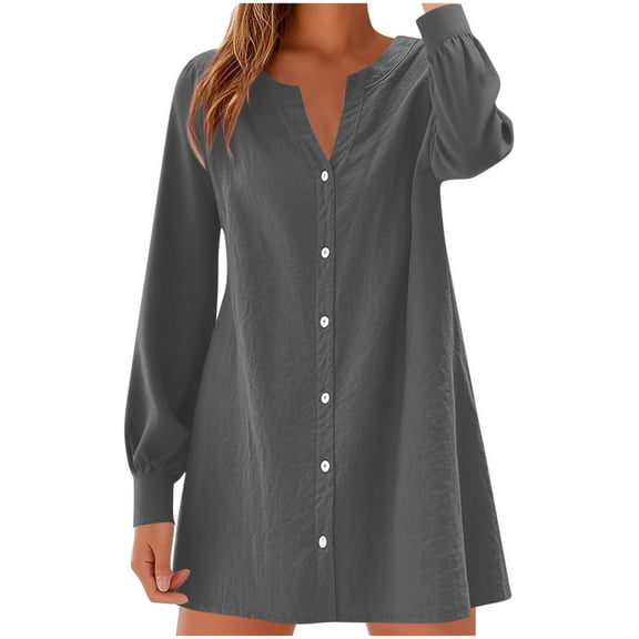 Efsteb Fall Dresses for Women Loose Button Down V Neck Long Sleeve Dress Trendy Casual A-Line Mini Dresses (Gray,S)