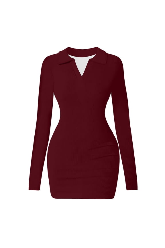 Fall Fashion 2025 Bodycon Dresses for Women Lapel Tight Long Sleeve Thigh Pencil Above Knee Dresses (Wine,L)