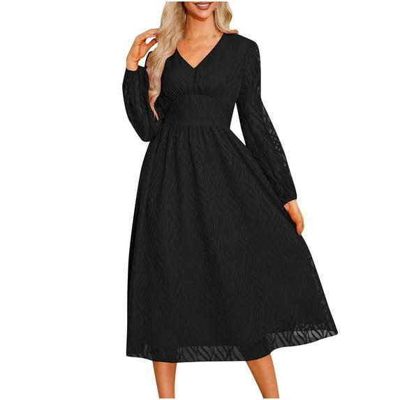 Efsteb Fall Fashion 2025 Cocktail Dresses for Women Wedding Guest Long Sleeve V Neck Elegant Dress Solid Color Boho Dresses (Black,XL)