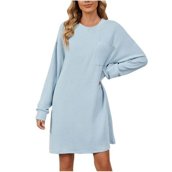 Efsteb Fall Fashion 2025 Long Sleeve Dress for Women Formal Round Neck Casual Tunic Dress Womens Spring Dresses Oversized Knee Length Dress (Sky Blue,L)