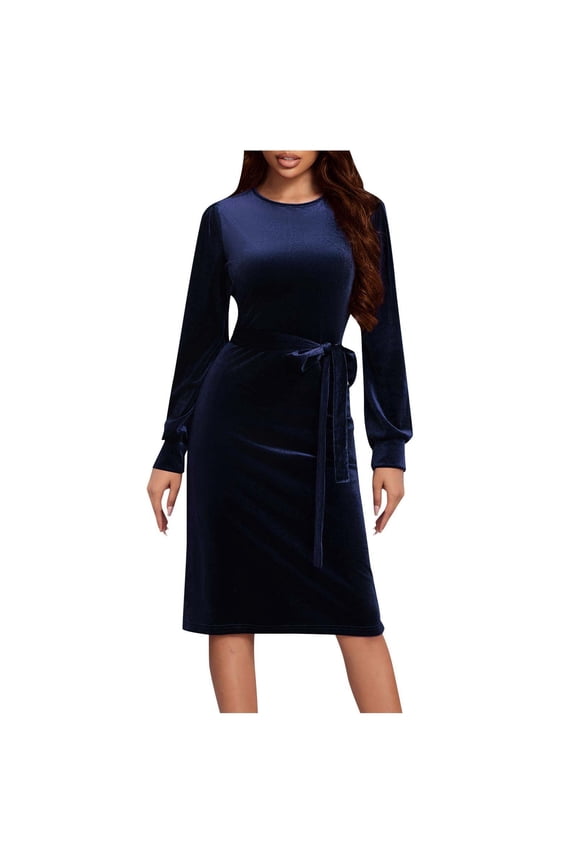 Fall Fashion 2025 Long Sleeve Dress for Women High Waist Velvet Cocktail Dress Winter Wedding Guest Dress with Belt (Blue,L)