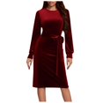 thumbnail image 1 of Efsteb Fall Fashion 2025 Long Sleeve Dress for Women High Waist Velvet Cocktail Dress Winter Wedding Guest Dress with Belt (Red,M), 1 of 8