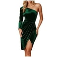 thumbnail image 1 of Efsteb Fall Fashion 2025 One Shoulder Dresses for Women Elegant Long Sleeve Velvet Ruched Slit Midi Dress Wrap Pleated Bodycon Dress (Green,XL), 1 of 6