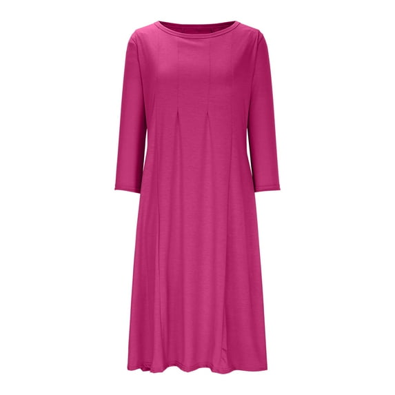 Efsteb Fall Fashion 2025 Plus Size Spring Dress for Women Pleated Round Neck Midi Dresses Solid Color Casual Work Dresses (Hot Pink,XXXL)