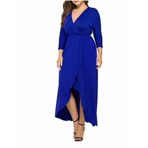 Efsteb Fall Fashion 2025 Plus Size Spring Dresses for Women V Neck Solid Color Formal Dress Long Sleeve Slit Cocktail Dresses (Blue,XXXXL)