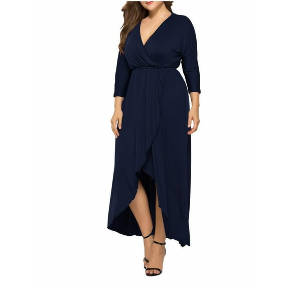 Efsteb Fall Fashion 2025 Plus Size Spring Dresses for Women V Neck Solid Color Formal Dress Long Sleeve Slit Cocktail Dresses (Dark Blue,XL)